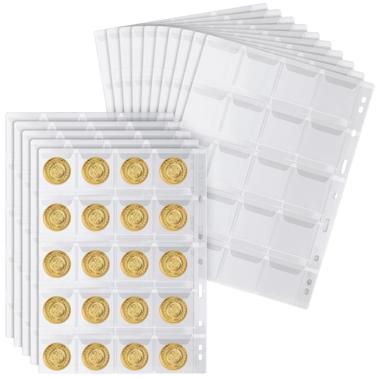 Juvale Coin Collection Book Pages - 15 Transparent PVC Sheets, 460 Pockets, 8 x 11 in - Coin Pocket Pages for 3 Ring Binder - Collector Binder Sheets & Secure Tuck-in Flaps & Water Resistant